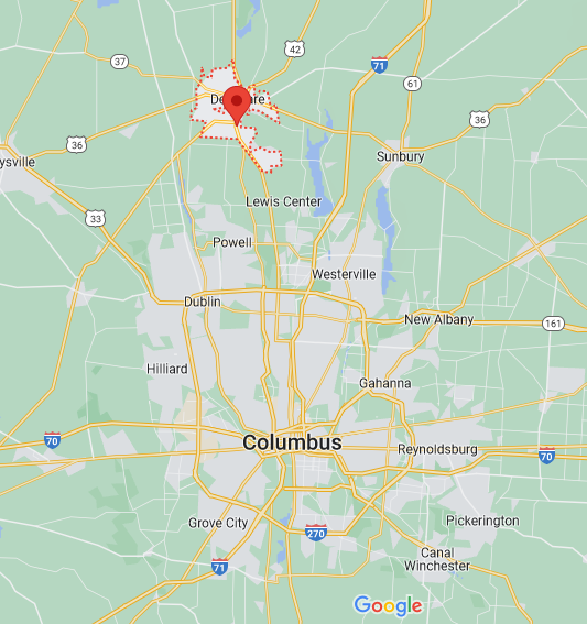 Google map of Delaware, Ohio in relation to Columbus, Ohio