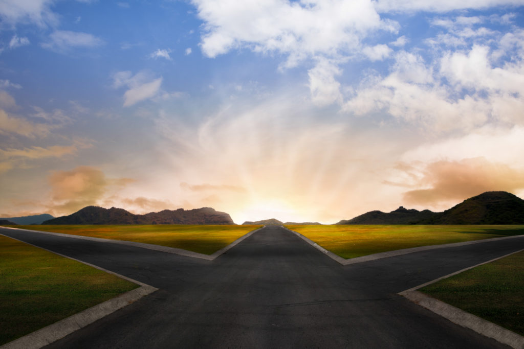 Picture of fork in a road with 3 paths at dawn